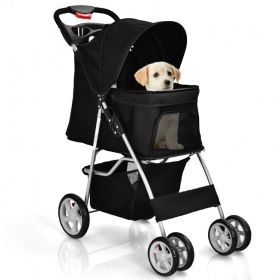 Foldable 4-Wheel Pet Stroller with Storage Basket (Color: BLACK)